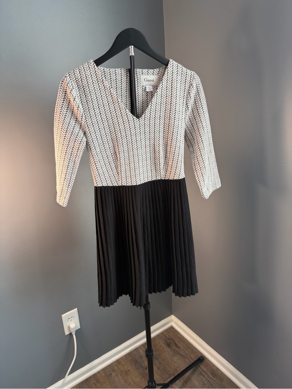 Ganni VintageTwo-Tone Pleated Dress in Black and White